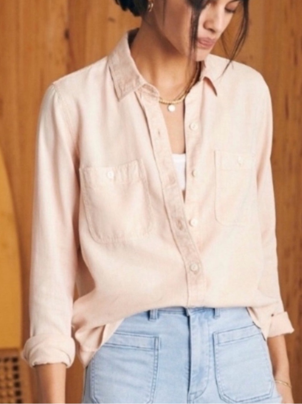 FAHERTY Tried & True Chambray Classic Shirt Women’s M Pink Linen Blend